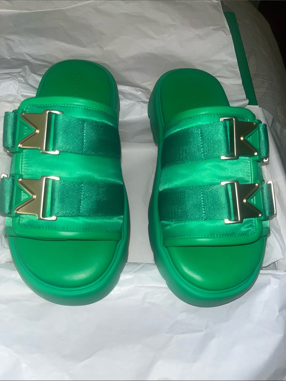 Bottega Veneta Emerald Green Double-Buckle Slide Sandals